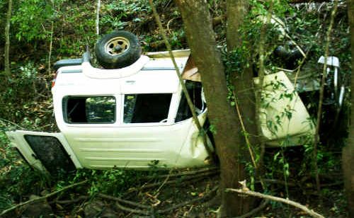 A LandCruiser with seven passengers rolled over an embankment on Kyogle Road yesterday afternoon. A LandCruiser with seven passengers rolled over an embankment on Kyogle Road yesterday afternoon.